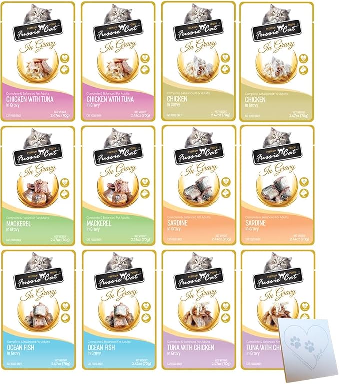 Variety Pack for Fussie-Cat Premium Gravy Pouches: Six Total Flavors: Chicken & Tuna, Mackerel, Ocean Fish, Sardine, & Tuna, and Chicken (2.47 Ounces Each, 12 Pouches Total)