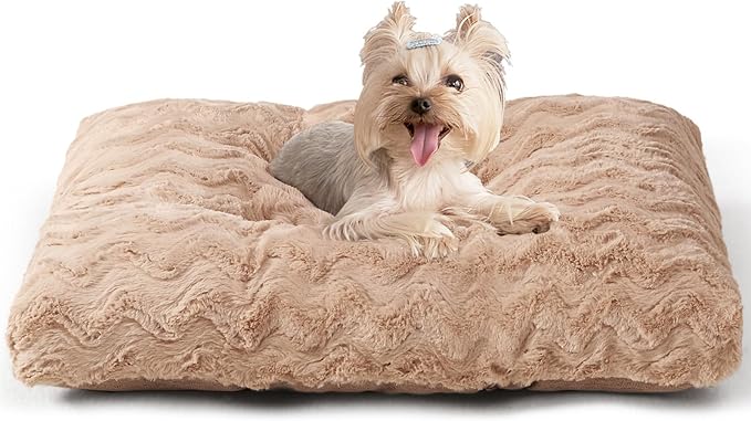 EHEYCIGA Washable Small Dog Bed for Crate 23x18 Inch, Reversible Kennel Pad for Puppy Weight Up to 25 lbs, Plush and Comfy Pet Sleeping Mat, Camel