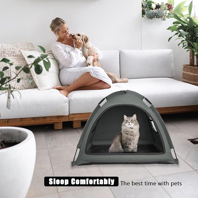 Open Design Pet Tent, Cozy Monitoring Bed for Cats & Puppies, Breathable Mesh Walls for Security & Ventilation, Indoor Outdoor Travel, Grey