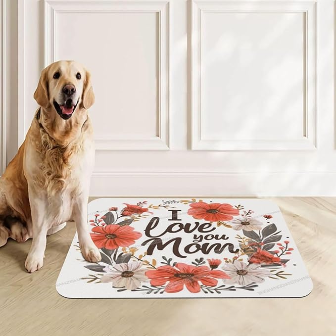 Pet Feeding Mat for Dogs Cats Happy Mother's Day Floral Gift for Mom Kw Absorbent Dog Food Mat Non-Slip Waterproof Placemat Quick Dry Pet Supplies Bowl Mats