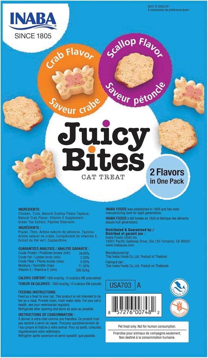 INABA Juicy Bites Grain-Free, Soft, Moist, Chewy Cat Treats with Vitamin E and Green Tea Extract, 0.4 Ounces per Pouch, 18 Pouches (3 per Bag), Scallop and Crab