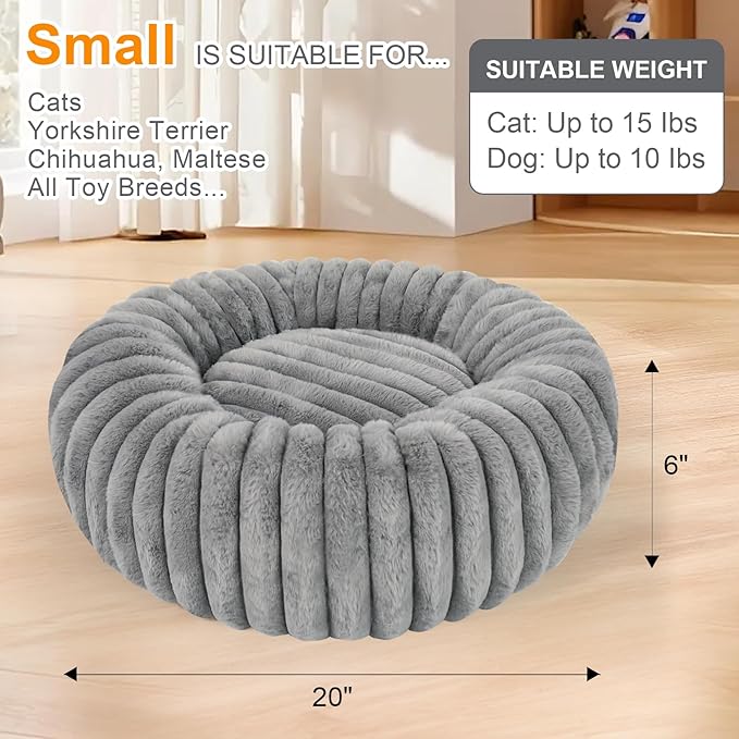 Washable Small Cat Dog Bed,Calming Anti Anxiety Round Donut Dog Bed,Cute Kitten Cat Beds for Indoor Cats,Fluffy Puppy Dogs Beds for Small Dogs, Anti-Slip Comfort Pet Bed(Grey,S)