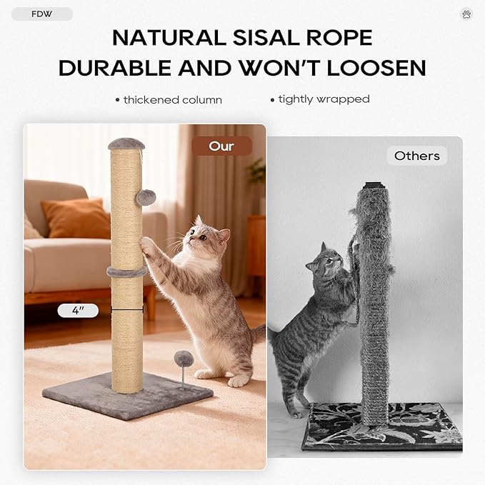 FDW 33 Inch Cat Scratching Post Cat Scratcher Natural Sisal Rope Scratch Post Trees with Hanging Ball for Indoor Cats and Adults,Light Gray