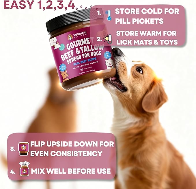 Visionary Pet Foods Beef Meat Spread, Dog Safe and Natural Peanut Butter Alternative - Healthy Digestive Support, No Additives - Lick Mat Treats - 12oz Jar