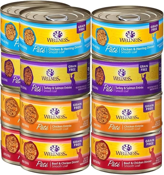 Wellness Natural Premium Canned Cat Wet Food Pate - 12 Pack Cans Variety Bundle Pack 4 Flavor - (Chicken,Beef, Salmon & Turkey) W/HS Pet Food Bowl - (5 Oz Cans)