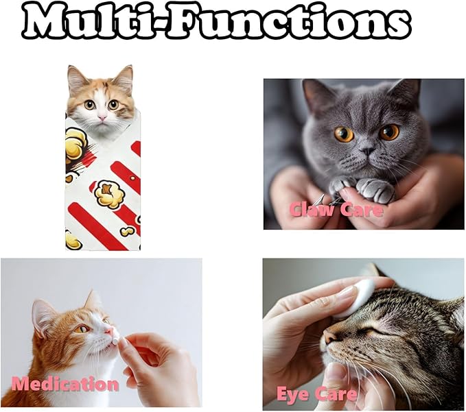 MCHIVER Popcorn Red Stripe White Cat Wrap for Grooming Self- Magic Cloth Grooming Blankets Cat Restraint Bag for Calming Holding 17.7 * 17.7 in