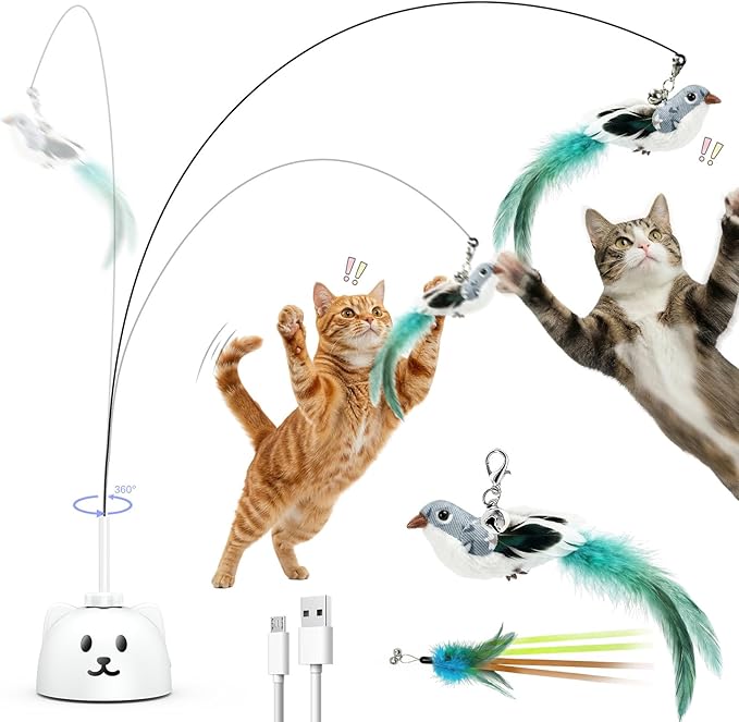 Interactive Cat Toys for Indoor Cats - Automatic Flying Bird Feather Toy, USB Rechargeable Electric Cat Teaser with Sticky Suction Base, Smart Motion Activated Self-Play Enrichment Toy for Bored Cats
