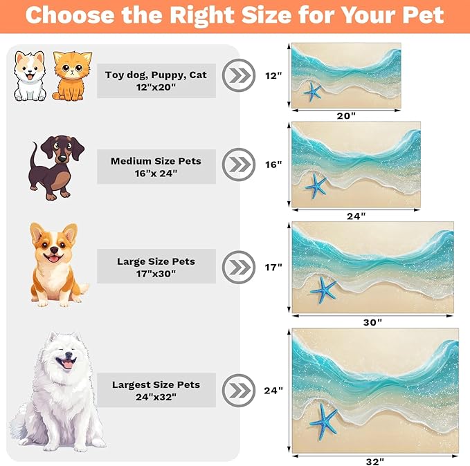 Beach Starfish Dog Food Mat for Floors Absorbent, Quick Dry Water Dispenser Mat for Food, Water, Pet Supplies 24" x 32", Nautical Coastal