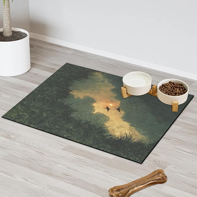 Grass Dog Food Mat for Floors Absorbent, Quick Dry Water Dispenser Mat for Food, Water, Pet Supplies 24" x 32", Forest