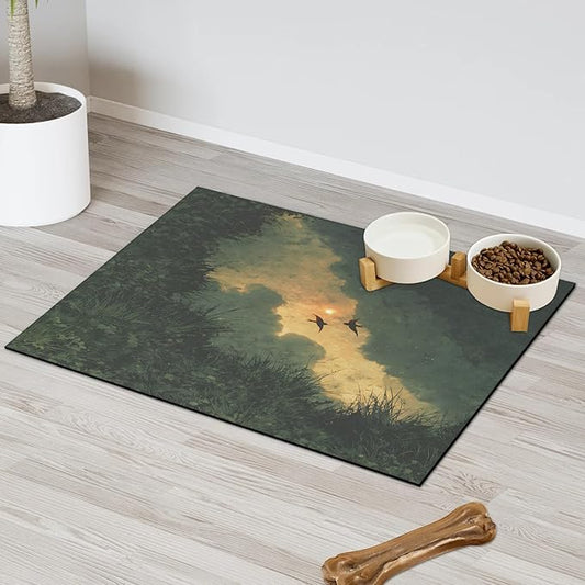 Grass Dog Food Mat for Floors Absorbent, Quick Dry Water Dispenser Mat for Food, Water, Pet Supplies 12" x 20", Forest