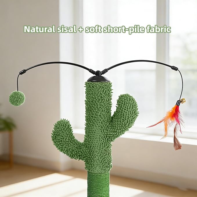 YUNIQUE Cactus Cat Scratching Post with Sisal Rope, Small Cat Tree with Dangling Balls & Feather for Kittens (Green, 22.8'')
