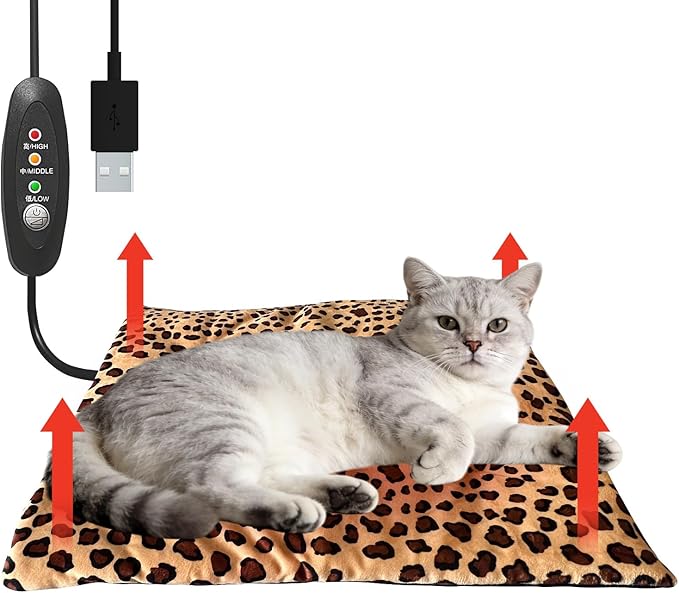 USB Heating Pad for Cat, Small Dog, 5V Safe Heated Pet Mat with 3-Temp, Hand Washable Warming Pad for Indoor Outdoor Use, Powered by Battery Operated Power Bank Car Charger (Leopard Print)