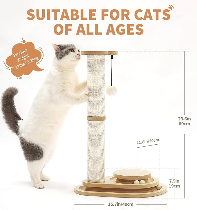 Made4Pets Cat Scratching Post Cat Scratcher Kitten Toys for Indoor Cats Wooden Ball Track Two-Layer Modern Sisal 23.4" Tall Scratch Post Interactive Toy with Dangling Ball Middle Size