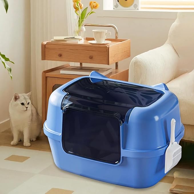 Fully Covered Cat Litter Box Hooded Litter Tray Convertible Potty Pan Easy to Install for Bathroom Home Dormitory- Blue