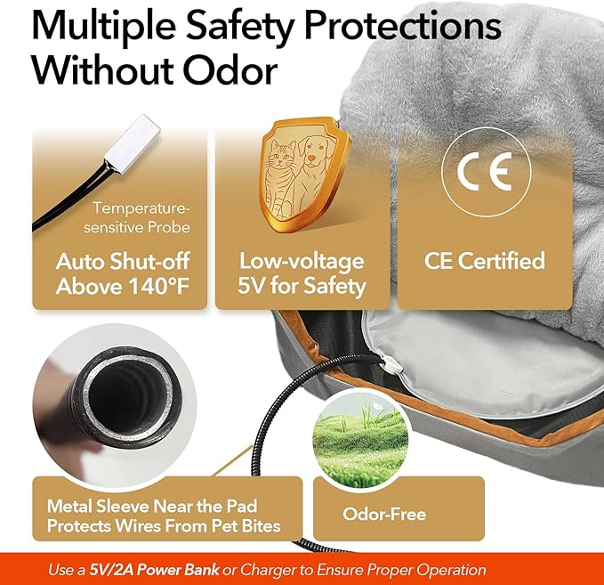 USB Pet Heating Pad – Turns Any Pet Bed Heated (Use Inside Bed), 5V/2A Required, 5-Temp & Timer, 140°F Auto Shut-Off, Waterproof Warmer for Cats/Dogs, Power Bank/Wall/Car Powered (12"x16")
