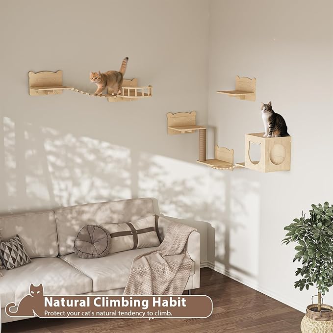 LEMBERI Cat Wall Shelves, Wooden Feline Furniture, 9 Pcs Set Wall Mounted Cat Shelves with Bed, House, Steps, Bridge Ladder and Scratching Post for Indoor Climbing, Sleeping, Playing