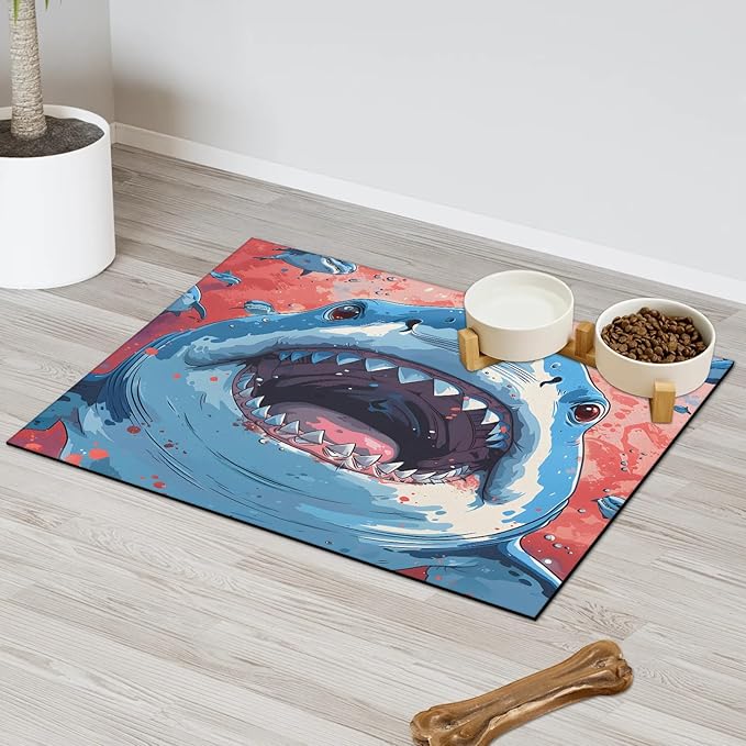 Sharks Dog Food Mat for Floors Absorbent Dog Bowl Mat for Food and Water Dispenser Quick Dry Cat Food Placemat Pet Supplies 16" x 24", Sea Animals