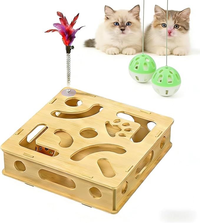 Wooden Cat Claw Care Scratcher with Maze Puzzle & Bell Ball - Enrichment Toy for Calm Grooming Alternative