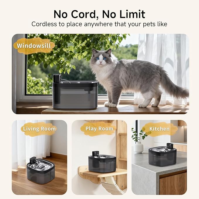 Cat Water Fountain Cordless: Battery Operated 118oz/3.5L Pet Water Fountain for Cats Indoor with Motion Sensor, Cat Drinking Fountains with Stainless Steel Tray, Ultra Quiet, Easy-to-Clean
