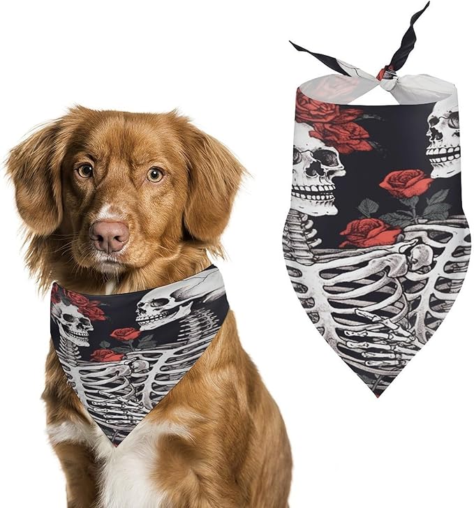 Dog Bandana Spring Pet Scarf Adjustable Triangle Rose and Skeleton Printing Dog Bib Washable Polyester Puppy Bandana for Small Medium Large Dogs Cat Birthday Party Supplies