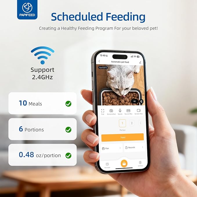 PAPIFEED Automatic Cat Feeder with 720p HD Camera & Night Vision, Two-Way Audio, 6L Smart Feeder with App Control via 2.4G WiFi, Easy Clean Detachable, Schedule 1-10 Meals/Day for Cats & Dogs - Black
