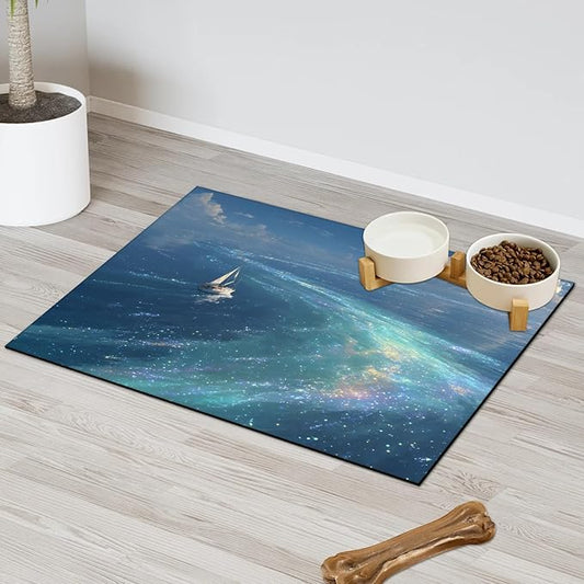 Ocean Dog Food Mat for Floors Absorbent, Quick Dry Water Dispenser Mat for Food, Water, Pet Supplies 16" x 24", Star Sea