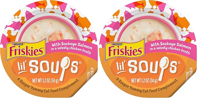 Friskies Purina Grain Free Lickable Cat Food Toppers Lil’ Soups with Sockeye Salmon in Chicken Broth - 1.2 oz. Cups,(Pack of 16)