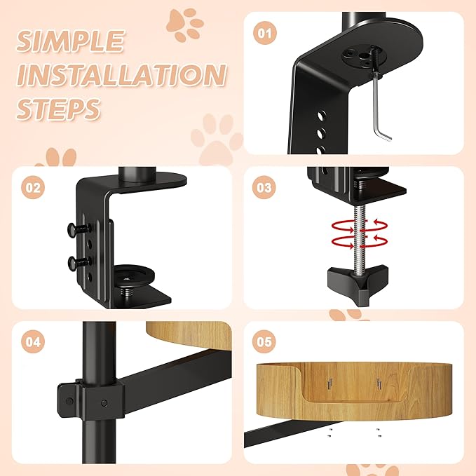 Cat Desk Bed – Cat Bed for Indoor Cats with Adjustable Height&360° Rotation, Elevated Desk Cats Beds for Table, Desktop Cat's Hammock for Small Space, Wooden Cat's Bed Desktop Kitten