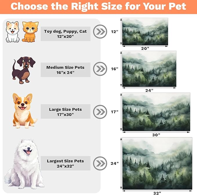 Misty Forest Dog Food Mat for Floors Absorbent, Quick Dry Water Dispenser Mat for Food, Water, Pet Supplies 24" x 32", Nature Woodland