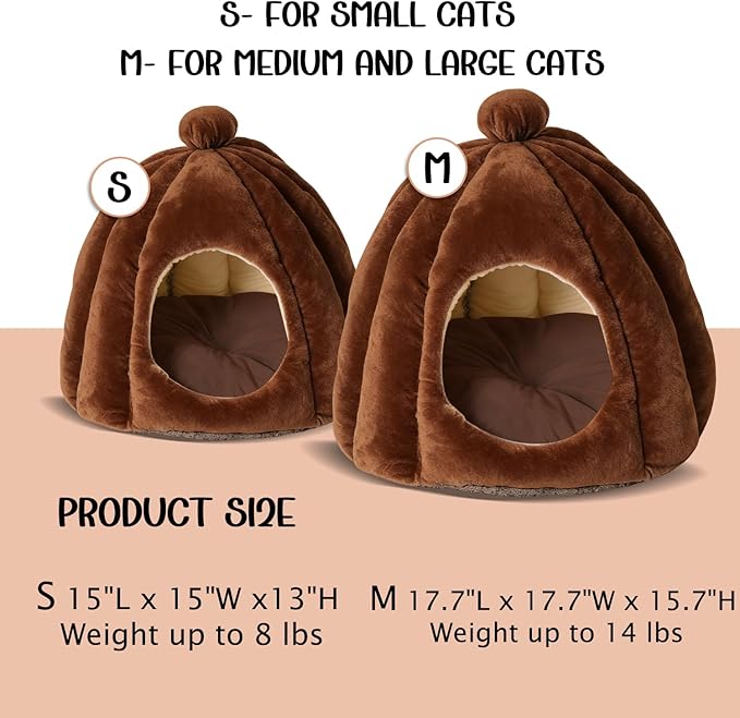 Cat Bed for Indoor Cats - Adorable Cozy Pumpkin Cat Cave with Removable Cushion, Super Soft Pet House Tent for Kittens & Small Pets, Warm & Washable Non-Slip Design(S 15 inch Brown)