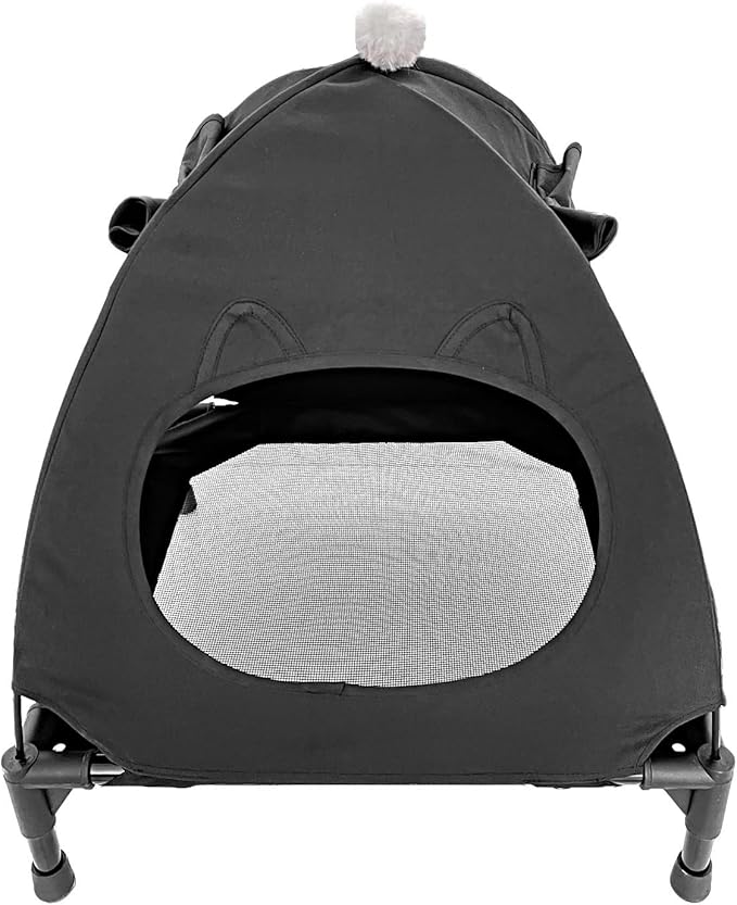 Pozico Elevated Pet Bed with Breathable Mesh for Small Cat and Dog, Raised Cooling Pet Cot for Puppy and Kitty, 18.9x18.9 inch (Black Bed with Canopy)
