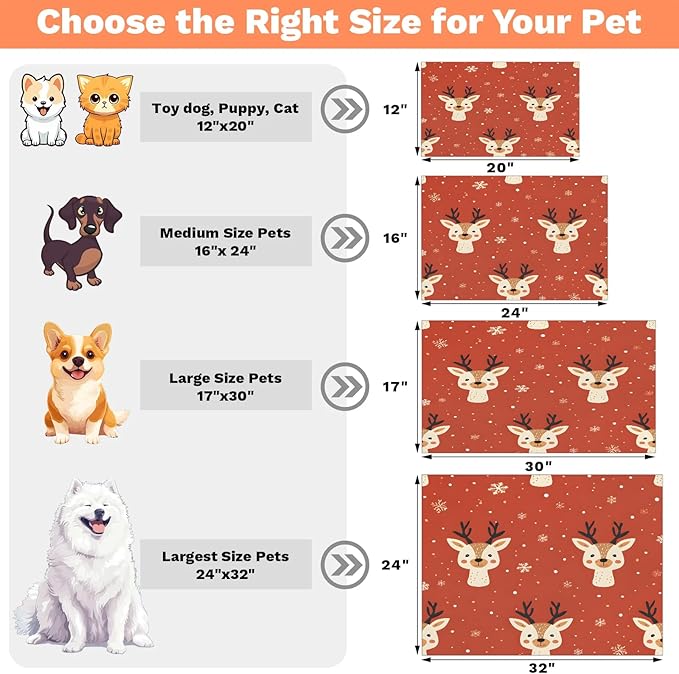 Red Christmas Deer Dog Food Mat for Floors Absorbent, Quick Dry Water Dispenser Mat for Food, Water, Pet Supplies 12" x 20", Winter Snowflake