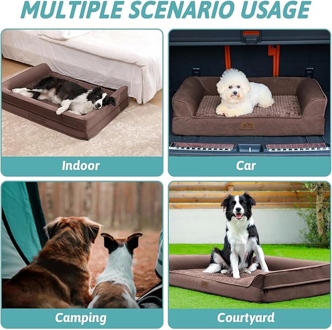 Orthopedic Large Dog Beds, Bolster Pet Couch with Waterproof Lining, Egg Crate Foam Sofa for Pets Up to 65 lbs, U-Shaped, 36x27x7.5 inch, Brown