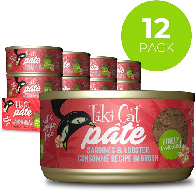 Tiki Cat Grill Pâté, Sardines & Lobster Consommé, High-Protein and 100% Non-GMO Ingredients, Wet Finely Minced Cat Food for All Life Stages, 2.8 oz. Cans (Pack of 12)
