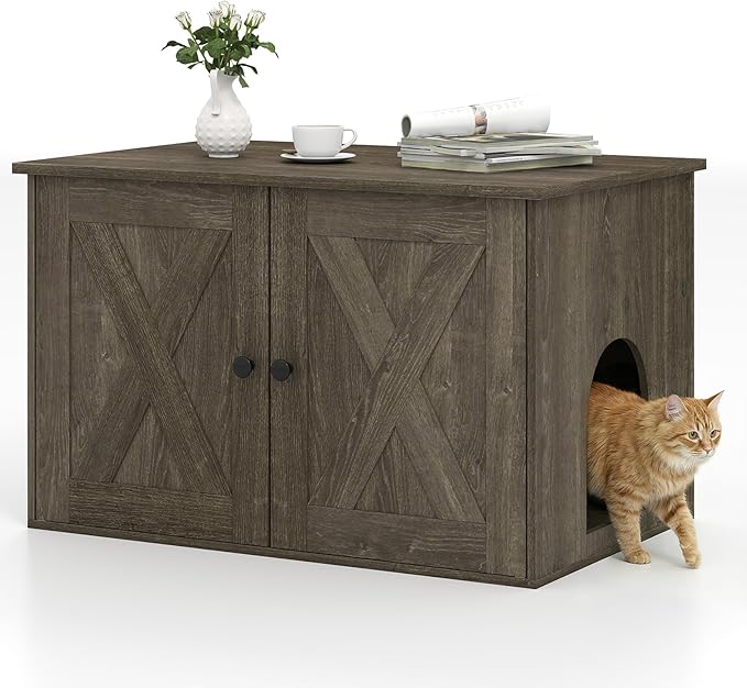 Tangkula Cat Litter Box Enclosure, Hidden Cat Washroom Cabinet with Double Doors, Divider, Side Entry, Indoor Wooden Cat House End Table, Enclosed Litter Box Furniture (Oak)