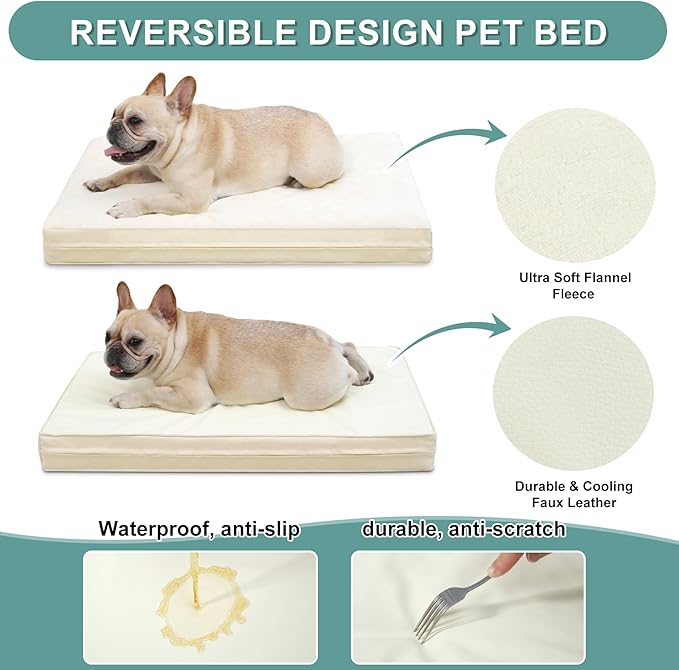 Vonabem Waterproof Dog Beds Medium Sized Dog, Washable Crate Pad 30 inch, Outdoor Orthopedic Foam Puppy Bed with Removable Cover Reversible, Anti-Slip Kennel Pad, 29"x18", Beige