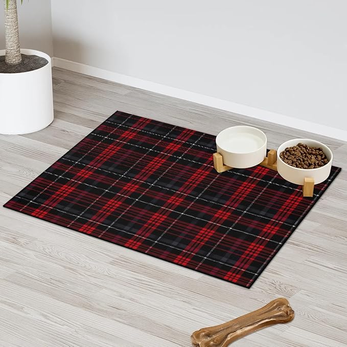 Buffalo Check Dog Food Mat for Floors Absorbent, Quick Dry Water Dispenser Mat for Food, Water, Pet Supplies 17" x 30", Red Black Plaid