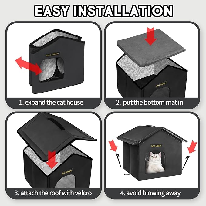 Rest-Eazzzy Cat House for Outdoor Cats, Weatherproof and Insulated Feral Cat House with Mat and Canopy, Easy to Put Together, Selfwarming Cat Shelter for Winter(13 * 13 * 14" Black with Support)