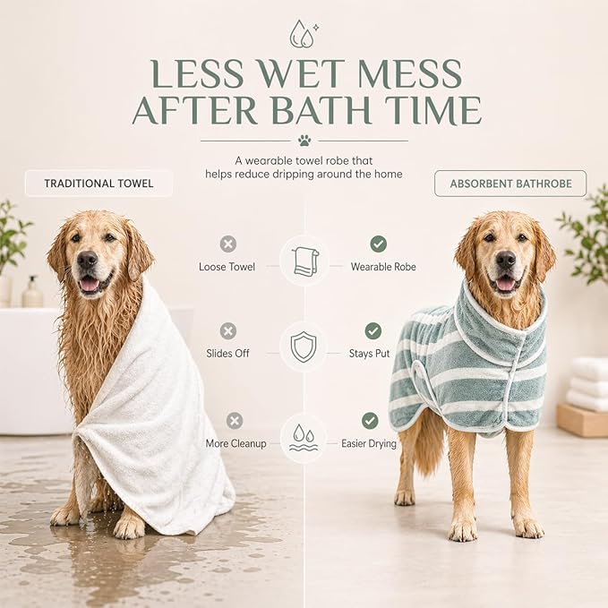 Dog Robe, Towels for Dogs After Bath, Dog Bathrobe for Drying Dogs, Fast Drying Super Absorbent Striped Dog Towel Wrap, Adjustable Warm Pet Bath Supplies (Green, Large)