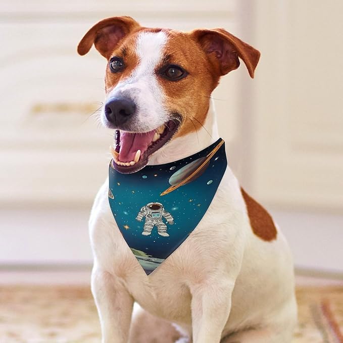 Dog Bandana Spring Pet Scarf Adjustable Triangle Outer Space Rocket Astronaut Printing Dog Bib Washable Polyester Puppy Bandana for Small Medium Large Dogs Cat Birthday Party Supplies