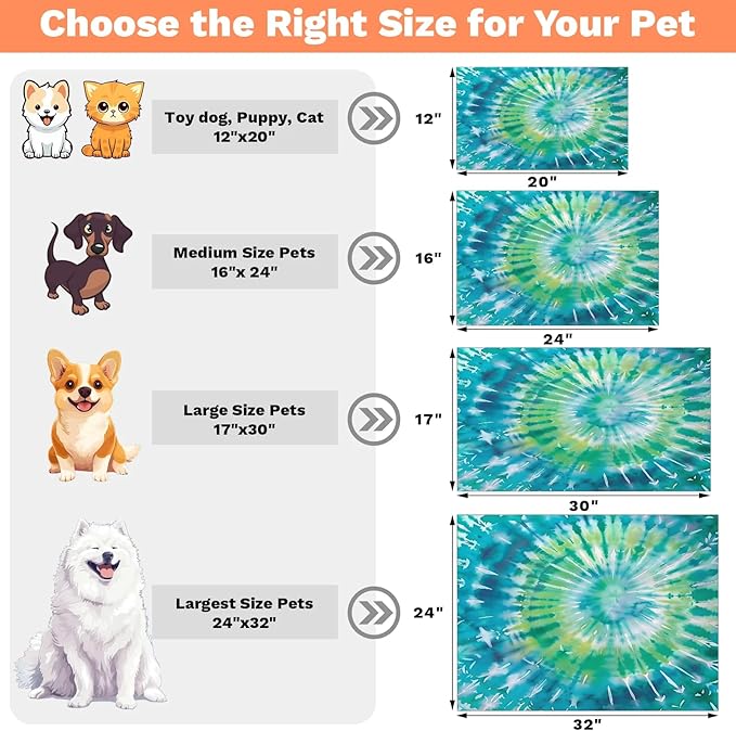Tie Dye Dog Food Mat for Floors Absorbent, Quick Dry Water Dispenser Mat for Food, Water, Pet Supplies 17" x 30", Blue Green