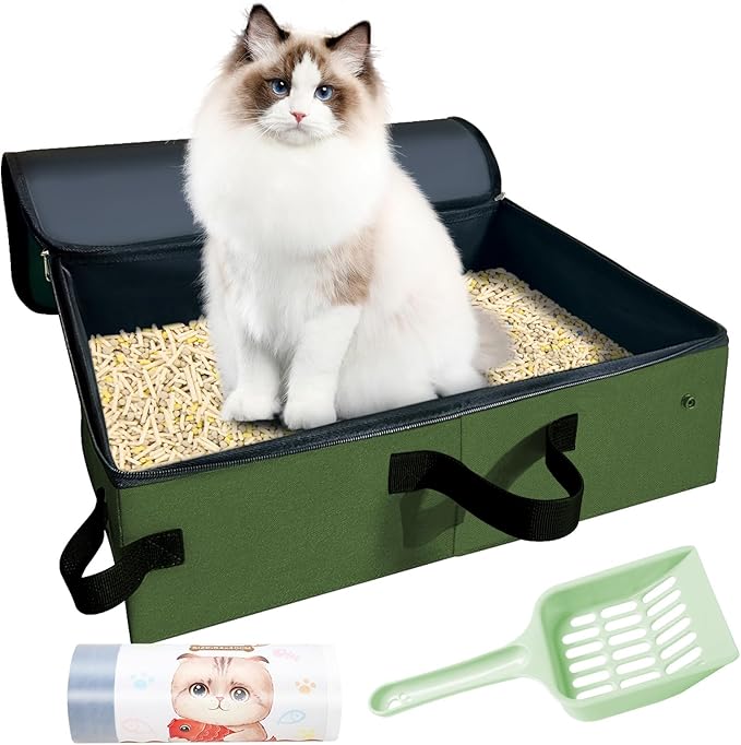 20x14x6.5 Inches, Large Portable Cat Travel Litter Box with Zipped Lid & 10 Liners, Leak-Proof, Lightweight, Sturdy & Waterproof and Foldable Travel Cat Litter Box for Hotels, Car, & Camping