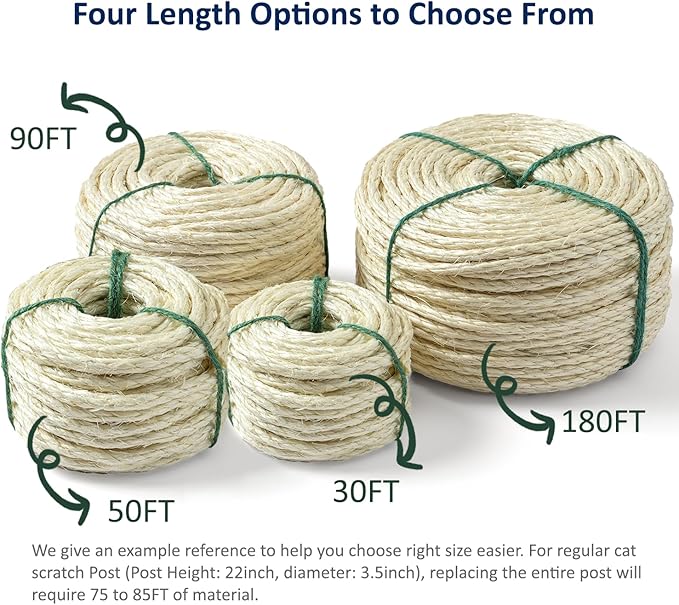 WePet Cat Natural Sisal Rope for Scratching Post Tree Replacement, Hemp Rope for Repairing, Recovering or DIY Scratcher, White, 90FT