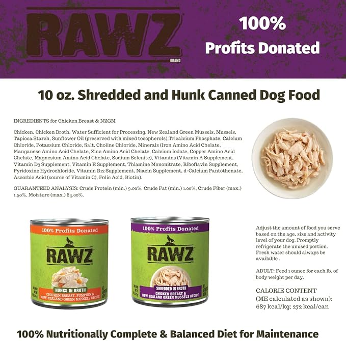 Rawz - in Broth Canned Adult Dog Food (Shredded Chicken in Broth) with New Zealand Green Mussels - 12 Cans -10 OZ Cans (Chicken Breast&Mussels-Shredded)