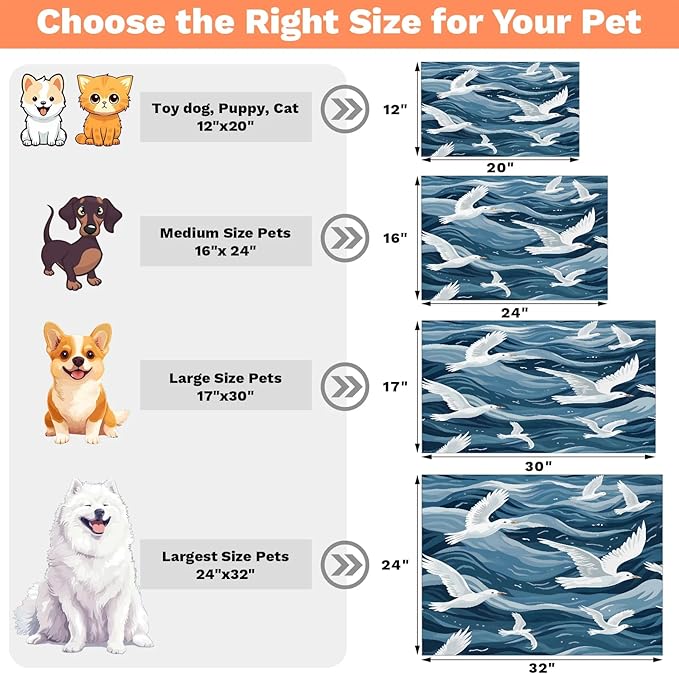 Seagull Ocean Dog Food Mat for Floors Absorbent, Quick Dry Water Dispenser Mat for Food, Water, Pet Supplies 12" x 20", Blue Beach