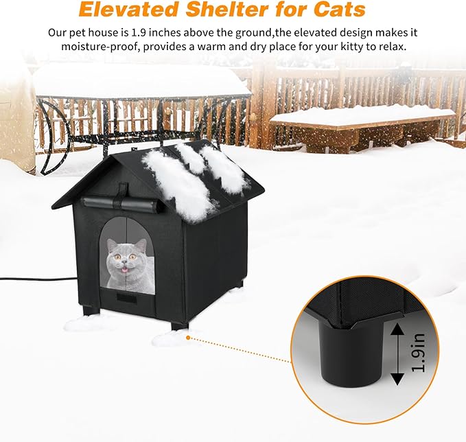 BWOGUE Elevated Heated Cat House for Outdoor Cats in Winter, Waterproof & Insulated Feral Cat Shelter for Outside Cats,Weatherproof Feral Cat House for Outside (Black, L)