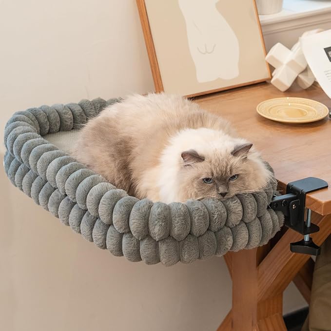 CHEERPALS Cat Desk Bed with Reversible Cushion, 90°Foldable Cat Hammock for Desk Mounted, Suitable for Medium-to-Large Cats and Puppy, Clowd Series(Grey, Large)