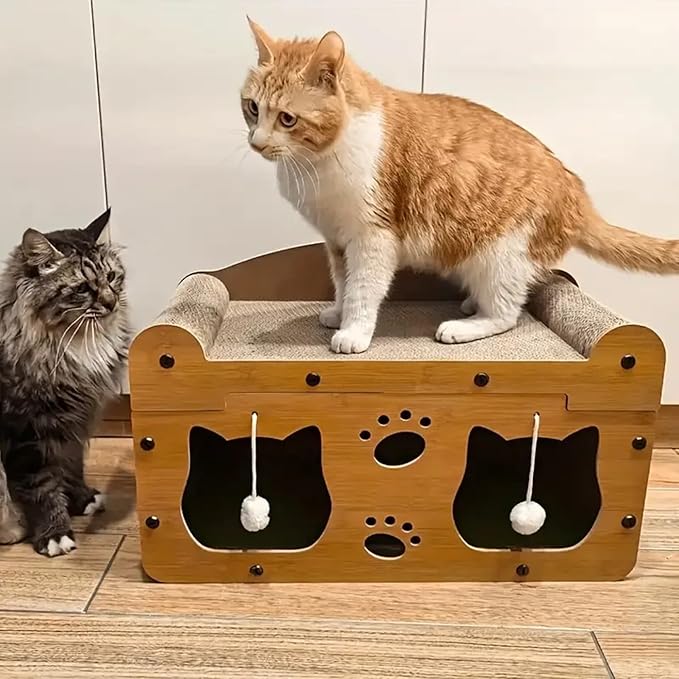 Cat Scratcher House for Indoor Cats, Sturdy MDF Frame 2-in-1 Cat Furniture Lounge Bed & Scratching Post, Large Cardboard Cat Hideaway with Teaser Toy (22.05inch Length Double Doors)