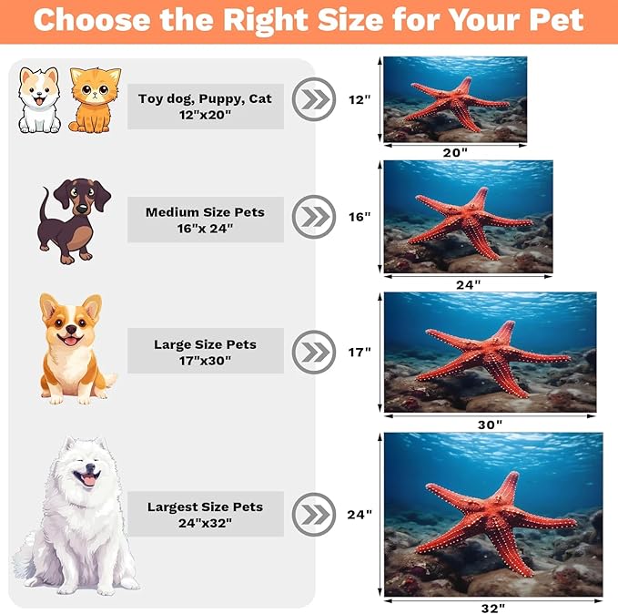 Red Starfish Dog Food Mat for Floors Absorbent Dog Bowl Mat for Food and Water Dispenser Quick Dry Cat Food Placemat Pet Supplies 24" x 32", Ocean Beach