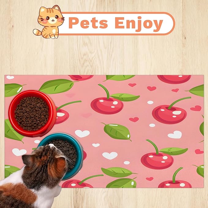 Pink Cherry Dog Food Mat for Floors Absorbent Dog Bowl Mat for Food and Water Dispenser Quick Dry Cat Food Placemat Pet Supplies 17" x 30", Love